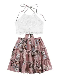 LYANER Women's 2 Piece Outfits Summer Lace Halter Cami Crop Top with Floral Mini Skirt Set Womenswear Casual Comfortable