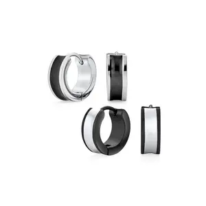Set of 2 Two Tone Striped Black Enamel Huggie Hoop Earrings Stainless Steel