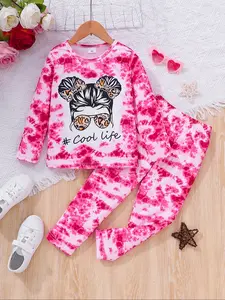 Girls' Spring & Fall Tie-Dye Two-Piece Set, Cool Girl Print Long Sleeve Top + Drawstring Pants, Fashionable Sweet-Cool Style