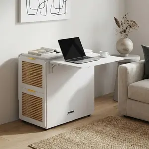 ModernMate Foldable Rolling Desk & 4 Drawers File Cabinet Storage, 62.7" Folding Computer Desk on Wheels w/Built-in Charging Station, Coffee Table w/Storage, Writing Table for Small Space
