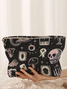 Skull Print Corduroy Makeup Bag, Cute Cartoon Style, Lightweight Multi-Functional Fashion Casual Cosmetic Pouch, Travel Organizer