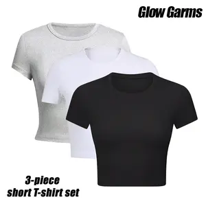 1 Piece-3 Piece Women's Short Sleeve Crew Neck Crop Top Set | Basic Comfy Stretch Tee Slim Fitted Cropped T Shirts Y2K Casual Summer