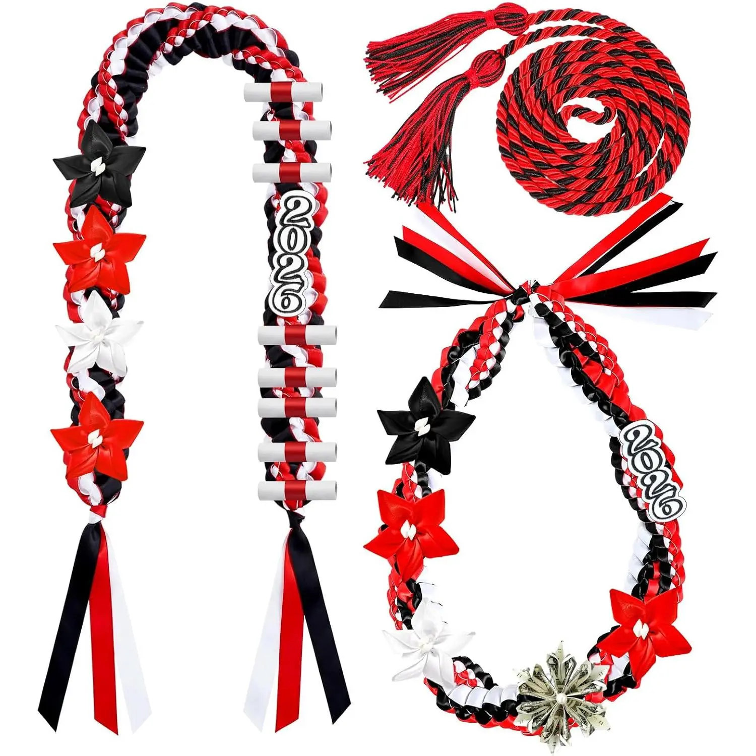 2026 Graduation Money Leis with Honor Cord Class of 2026 Graduation Ribbon Money Leis Double Braided Handmade Necklace Kit for for High School College Grad Party Supplies