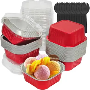 50 Pack 10 oz Mini Cake Pans With Lids,Aluminum Foil Square Baking Cups Disposable Cupcake Cups Baking Tins for Kitchen Brownie Pudding Desserts Muffin Ramekins Holders (Red)