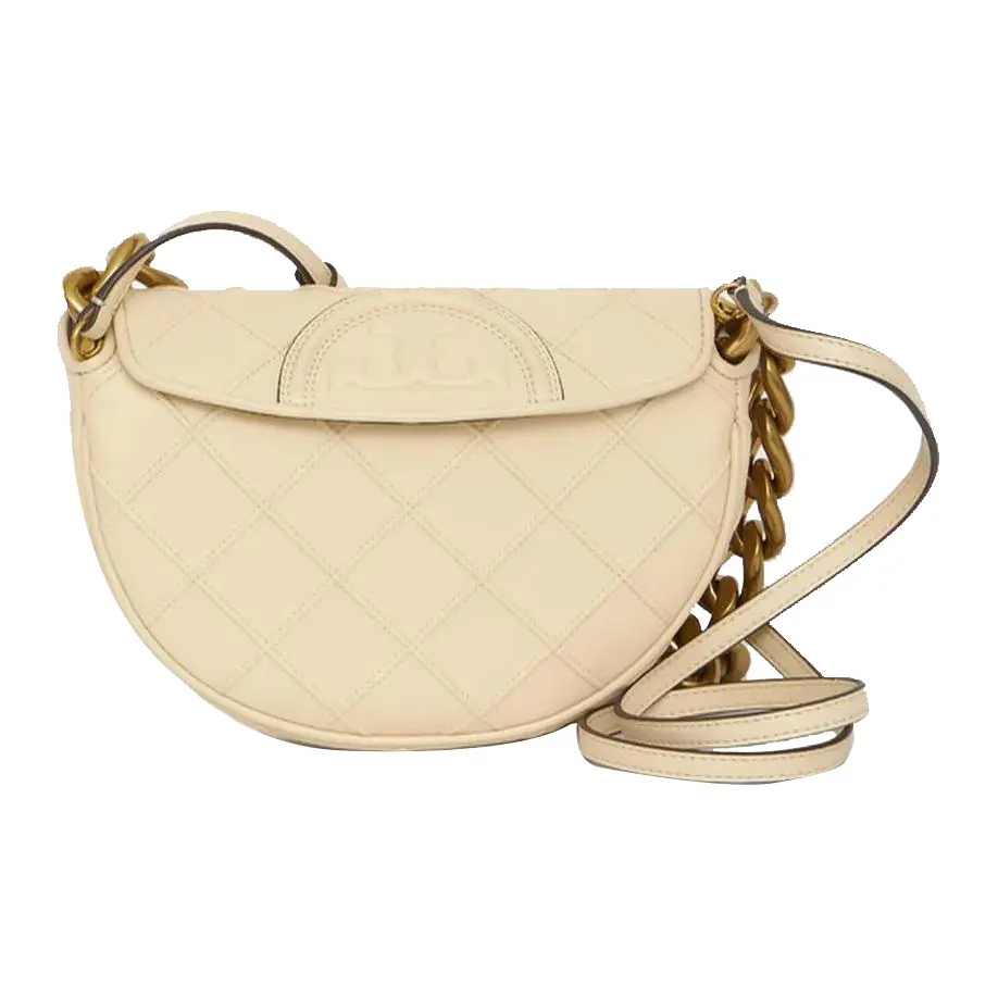 Women's Tory Burch Fleming Mini Quilted Leather Crossbody Bag - Chain Strap, Cream White, Daily Commuter Purse (Quilted Crossbody Bags for Women)