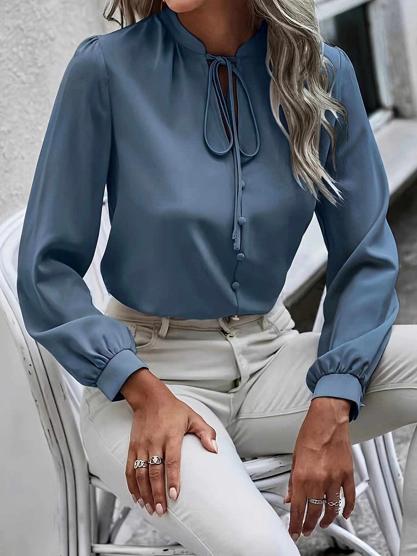 Blue Retro Long Sleeve Blouse Shirt, Solid Color Design, Ribbon Knot Collar, Office & Party Wear, Spring Summer General Use Nk-Lz-1541