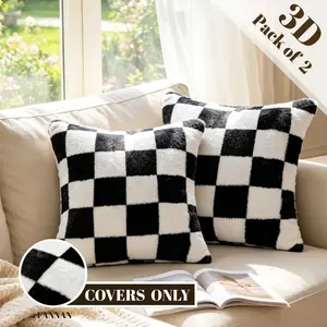 2-Pack Single-Side Faux Rabbit Fur Checkerboard Throw Pillow Cover Cushion Cover Simple Luxury Ins Neutral Casual Racing Style Soft Plush 3D Plaid 18x18/12x20Inch Pillow Insert Not Included For Back to School Halloween All-Season Living Room Sofa Bedroom