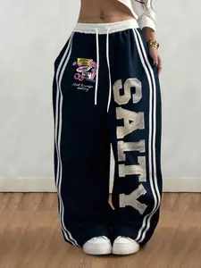 Women's Fashion Loose Casual Pants, Womenswear, Letter and Number Cross Print, All Seasons Wear, Stylish Design, Comfortable Fit, Drawstring Beach Pants