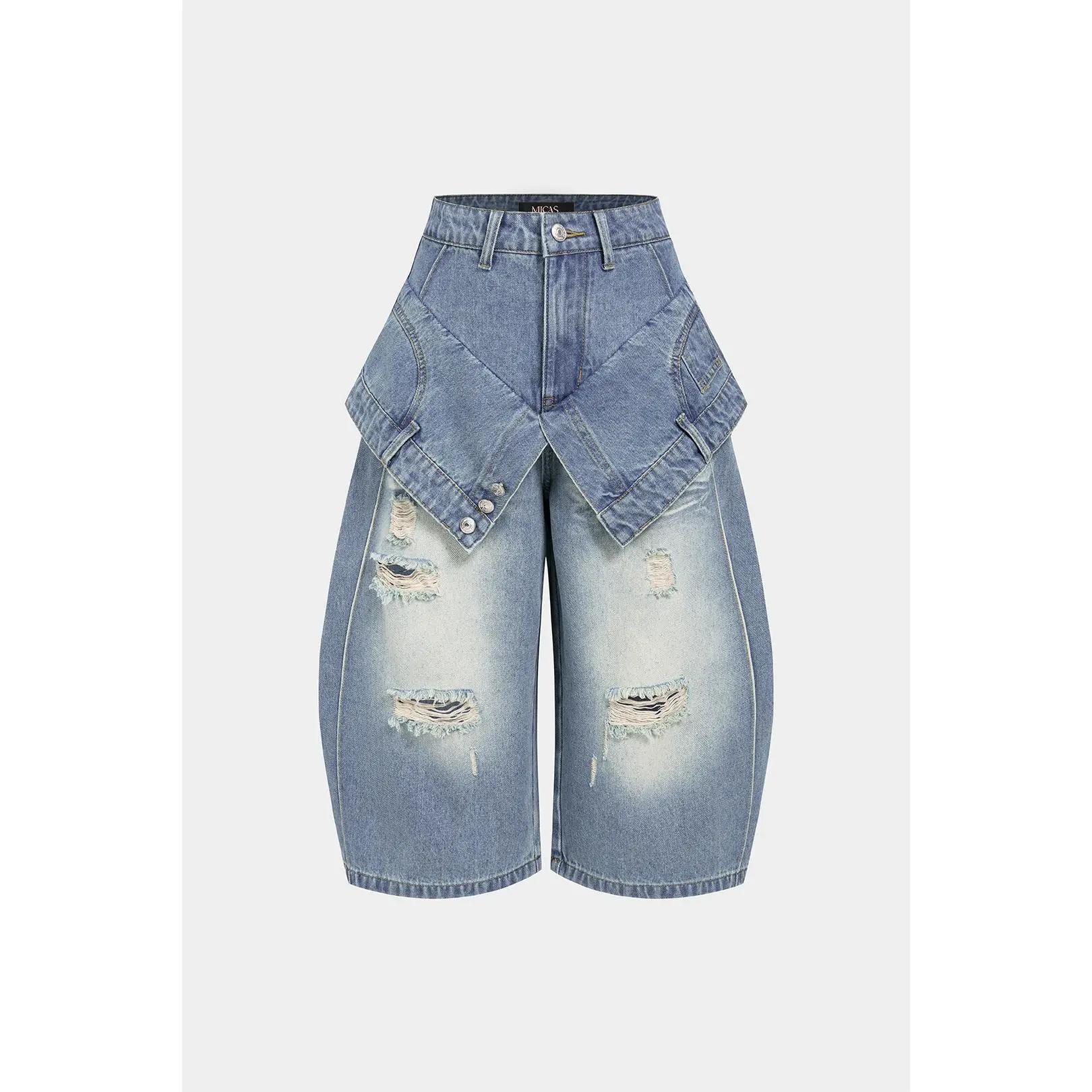 Denim Double Waistband High Waist Frayed Shorts