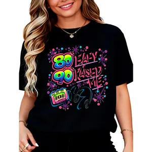 100% Cotton Women's T-Shirt with 80s 90s Raised Me Retro Pop Art Print, Neon Colors And Cassette Tape Design, Perfect for 90s Themed Parties And Casual Wear