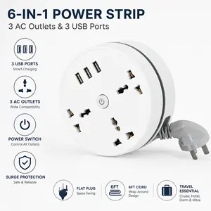 6-in-1 Travel Power Strip for Cruise Ship, 3 AC Outlets & 3 USB Ports, Flat Plug Extension Cord with 6FT Wrapped Cable for Hotel Dorm Travel Essentials