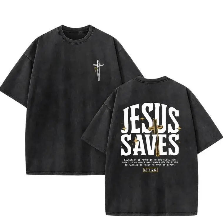 Men's Unisex Vintage Acid Wash Christian Cross T-Shirt - Front Small Cross, Back Acts 4:12 Bible Verse Double-Sided Graphic, Oversized Cotton Crewneck, Breathable Faith-Inspired Streetwear Top for Women
