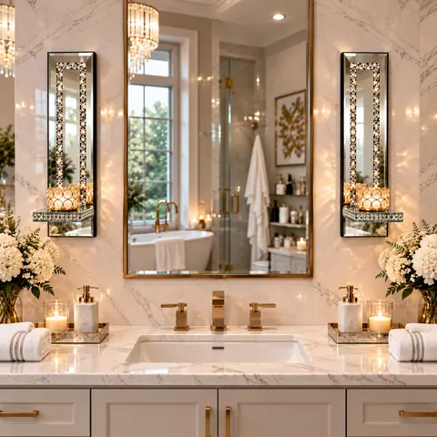 Boujee Room Decor Diamond-Cut Shine Art Deco Bow-Style Crystal Accent Candelabra Wall Sconce Set - 2-Piece Ornament Candle Holders with Mirror, House Decor for Anniversary, Living Room Home Supplies