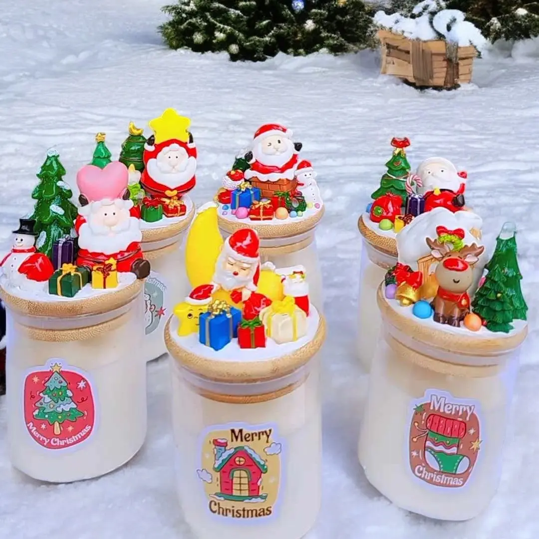 Santa Clause Candle Collection - 6 Styles Ceramic Christmas Tree Design Scented White Peach & Oolong Aroma 9oz Candles in Gift Box for Easy Gifting