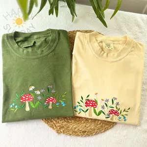 Mushroom Floral Garden Fairy Embroidered Comfort Colors Shirt, Oversized Mushroom Shirt, Botany Embroidered Tshirt