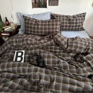 Duvet Cover Full Size 3 Pieces Blue Brown Gingham Comforter Cover Set Vintage Grid Checkered Soft Breathable Microfiber Bedding Set with Zipper Closure and 2 Pillowcases