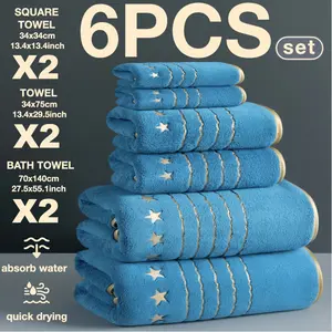 6-Piece Set Soft Golden Thread Light Luxury Five-Star Embroidered Towel Bath Towel Set, 2 Bath Towels 27.5 X 55.1 Inches, 2 Hand Towels 13.4 X 29.5 Inches, 2 Washcloths 13.4 X 13.4 Inches, Perfect for Home, Hotel, and Spa Use, Outdoor