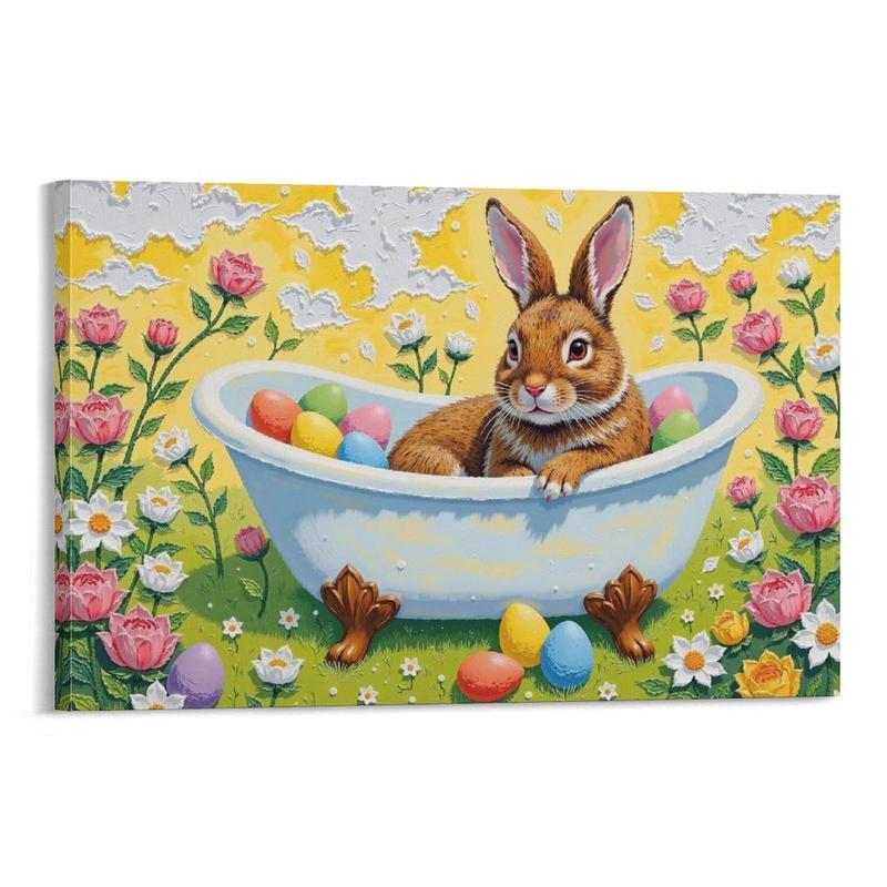 Nursery Bunny Wall Decor - Vintage Rabbit Art Print, Rustic Rabbit Lies in Bathtub Filled with Easter Eggs Poster Canvas Poster Bedroom Decor Sports Landscape Office Room Decor Gift Frames Ornaments Artistic Decoration Photo Frame-Style