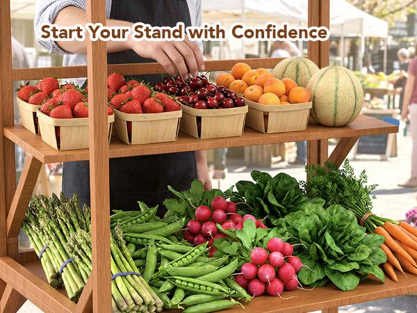 Wooden Farm Stand Cart, Solid Wood Farmers Market Stand with Wood Roof, Heavy Duty Display Table with Lockable Wheels, for Events & Small Business, Light Brown