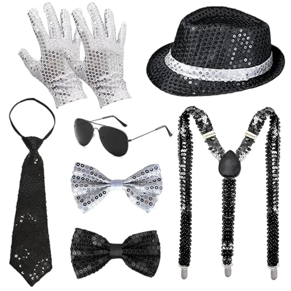 70s 80s Disco Outfits Dance Star Costume 70s 80s Pop Stage Gloves Hat Sunglass Tie for Cosplay Party Halloween