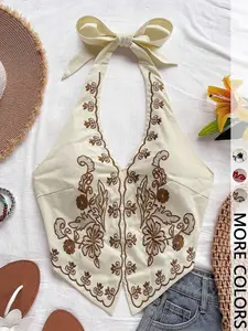 Vacation Style Embroidered Halter Neck Sleeveless Tank Top, Cropped Halter Top, Slim-Fitting V Neck Crop Top for Dates, Beach, and Music Festivals