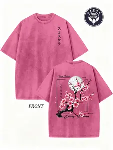 Men's Summer Street Style T-Shirt 100% Washed Crew Neck Short Sleeve Cherry Blossom Print Loose Knit Fabric Top for Casual Weekend Wear Menswear Streetwear - Stylish, Tshirt good graphic tees