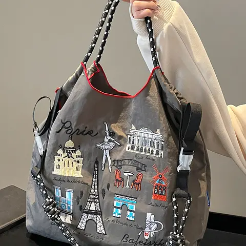 Small exquisite embroidered Fall Winter Tote Bag , multiple logo architectural patterns, chain shoulder strap design, personalized fashion, versatile and practical with large capacity, Casual Commuter Bag, suitable for daily commuting, travel, etc.