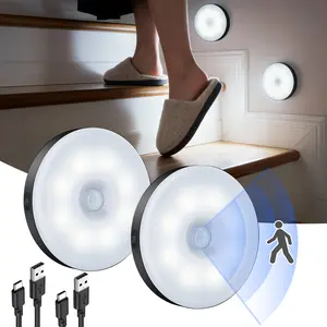 Motion Sensor Light Indoor, 3 Light Modes, Dimmable Cool White, Rechargeable Night Lights, Magnetic Puck Lights for Cruise Cabinet Bathroom Hallway Stairway (2 Pack)