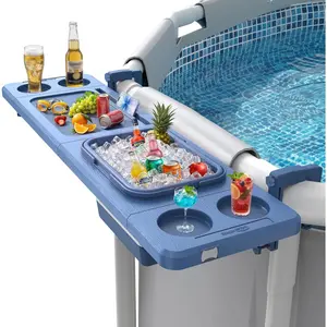 Poolside Bar with Ice Bucket, Poolside Bar Table with Adjustable Support Bracket Fits Above-ground Pools, Swim Up Bars Up to 110lbs, Patio Poolside Table Smart Fold & Weather Resistant Stable Tabletop