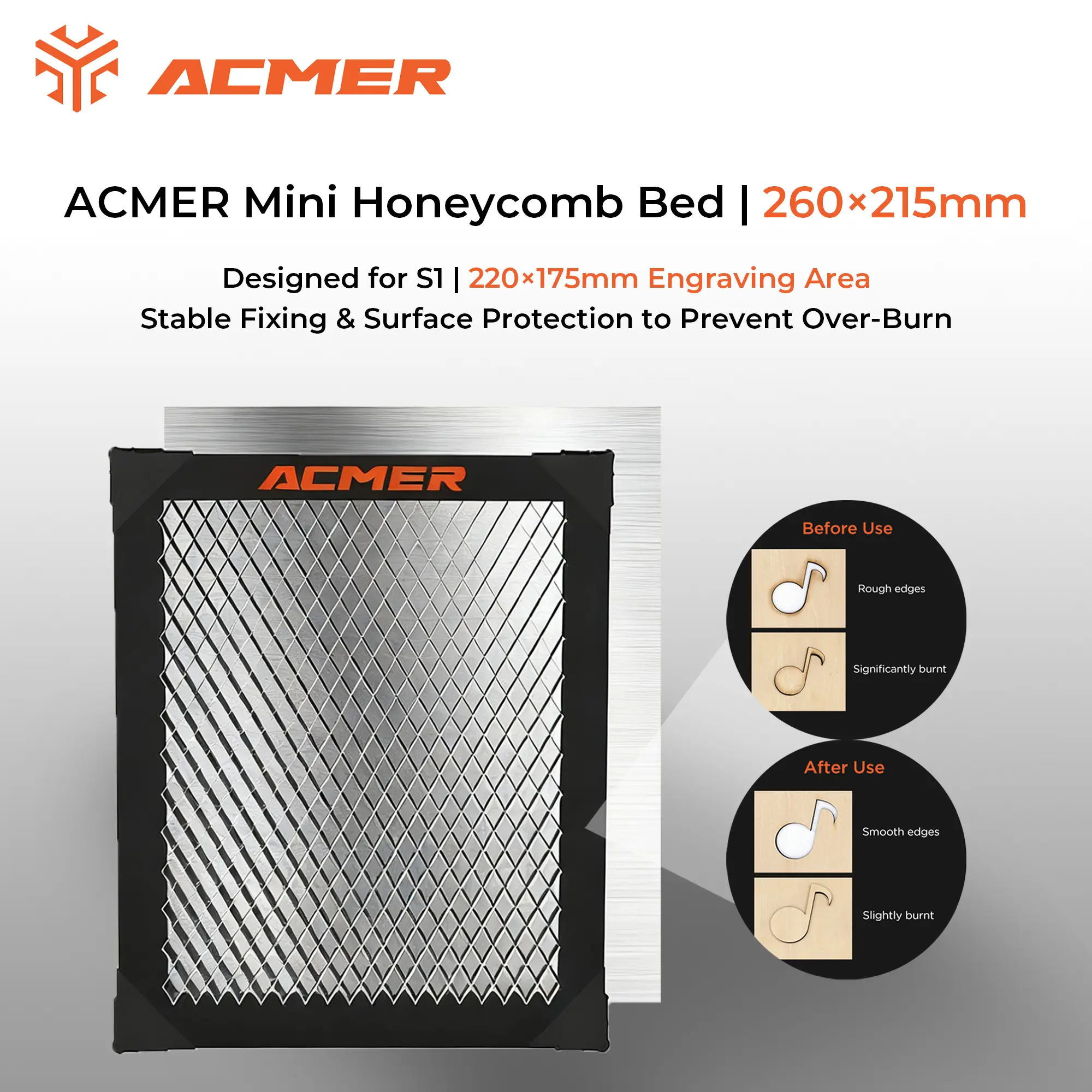 ACMER Stainless Steel Laser Engraving Honeycomb Bed: Cutting area dimensions 220x175 mm, product dimensions 260x215 mm. Equipped with precision measurement scales, suitable for small laser engravers. Precision measurement.