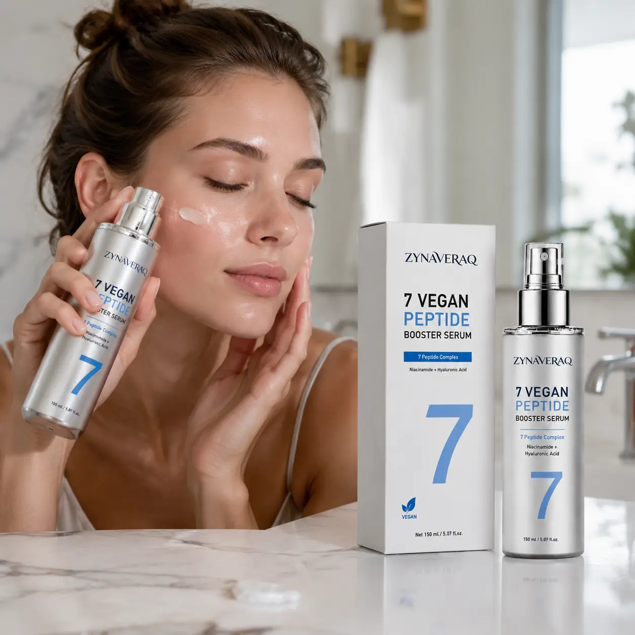 Zynaveraq 7 Vegan Peptide Booster Serum (150ml) - Daily Hydrating, Pore-Minimizing First-Step Serum with Niacinamide, Hyaluronic Acid, Smooth Texture, Moisturizer for Sensitive Skin, Lightweight & Watery, Hydrate, Skin Repair, Dry