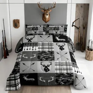 Black White Camo Comforter Set Deer Hunting Bedding Set for Kids Boys Girls Camouflage Duvet Quilt Antlers Bedroom Decor Microfiber