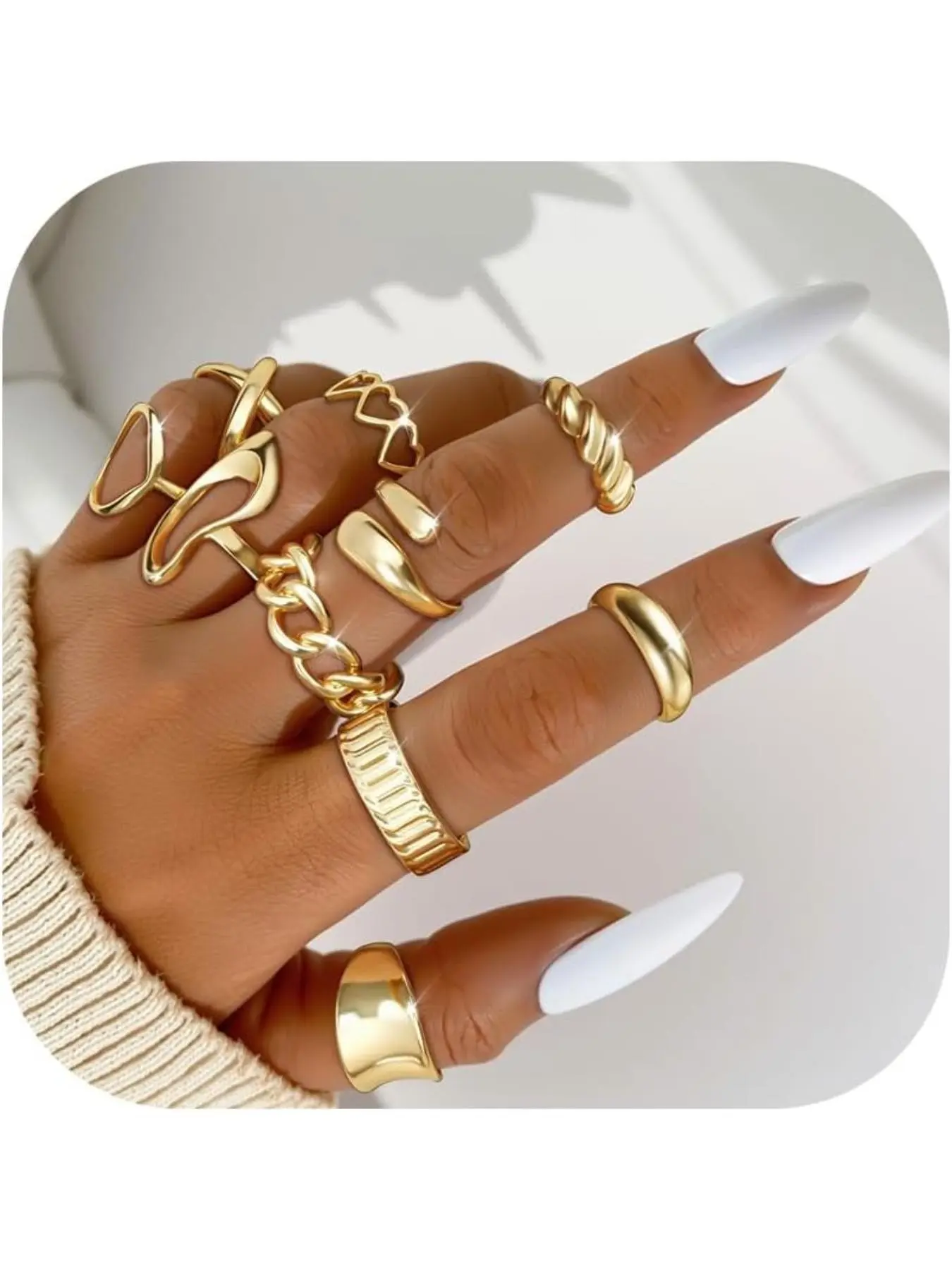 10 Pcs Chunky Stackable Fashion Rings for Women, Stacking Rings, Non Tarnish 18k Gold Plated Adjustable Open Rings, Trendy Statement Multi Ring Jewelry Set for All Seasons
