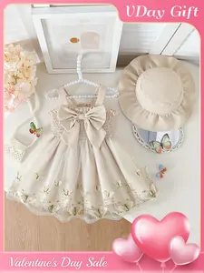 Summer exquisite dress, Baby Girl Clothes, fairy butterfly sweet breeze, two-piece set of camisole dress and sun hat for baby girls, big bow and butterfly embroidery, baby girl birthday gift, suitable for summer outings