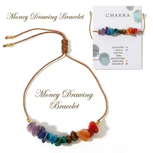 Money Drawing Chakra Bracelet for Women Men, Adjustable Brown Cord with Colorful Stone-Style Beads Spiritual Energy Jewelry Gift Adjustable Energy Stone Lucky Charm Bracelet, Good Luck Protection Jewelry Gift