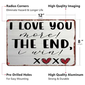 Retro Aluminum Metal Sign 12x8in - "I Love You More" Cute Romantic Decor - Valentine's Gift for Boyfriend/Girlfriend Heart Plaque Wooden Home Sign