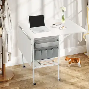 61.4" Folding Sewing Table With Wheels, Mobile Craft Table with Side Storage Pocket, Home Hobby Folding Table for Craft Room, Adjustable Height, White