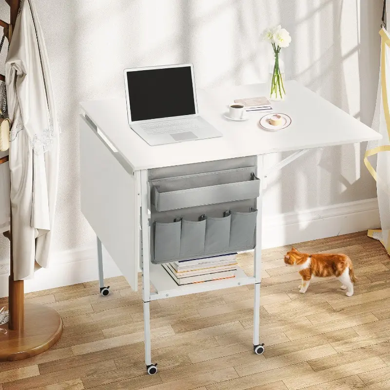 61.4" Folding Sewing Table With Wheels, Mobile Craft Table with Side Storage Pocket, Home Hobby Folding Table for Craft Room, Adjustable Height, White