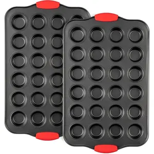 Mini Muffin Pan, 24 Cavity Cupcake Pan, Nonstick Baking Pan, Heavy Duty Small Muffin Tin with Silicone Grip Handles, Set of 2