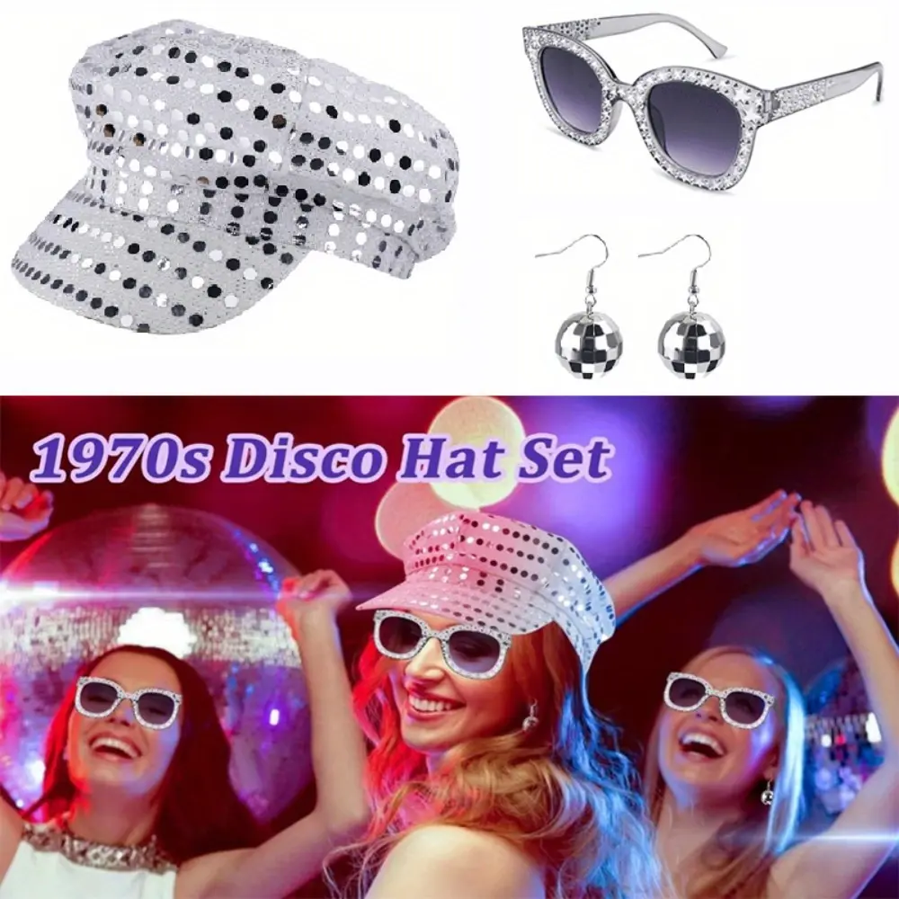 Bling Shiny Comfortable 3pcs Retro Party Accessory Set - Sequin Beret Hat, Glasses, Earrings for 1970s Vintage Disco Party, Festive Gift, Dangle Earrings