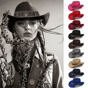 New Western Cowboy Top Hat with Curled Eaves, Retro Riding Hat, Men's and Women's Woolen Felt Hat, Jazz Hat, Sunshade Hat