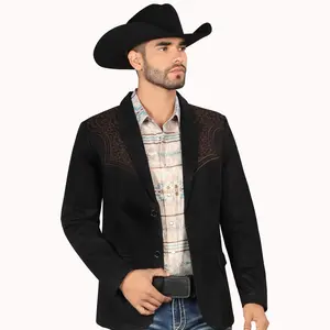 MONTERO MT2182 Mens Western Embroidery Blazer Black Faux Suede Brown Plaid Double Button Medium Length Hand Wash Only All Seasons Coats