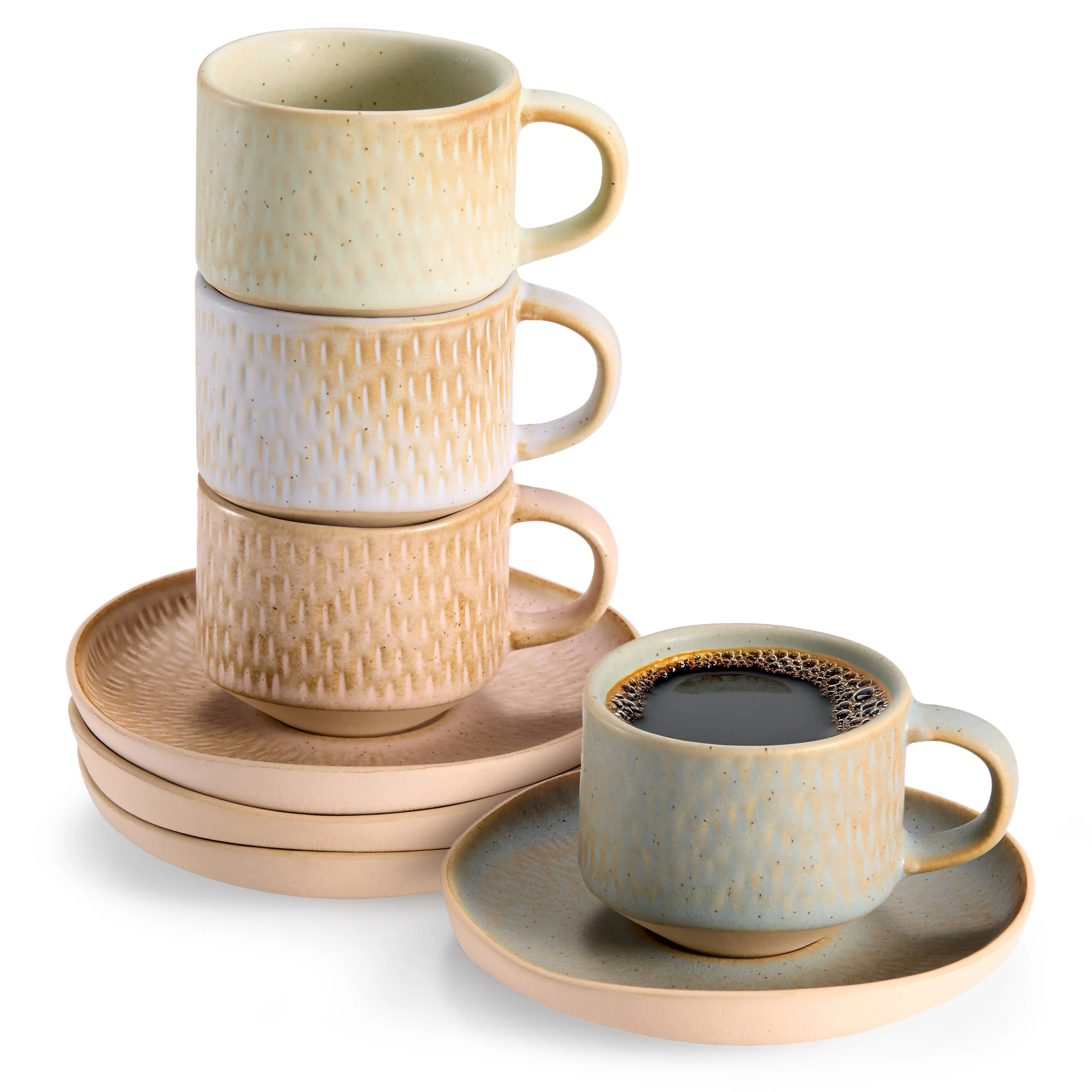 Ceramic Espresso Cup and Saucer Set, 4-Piece Neutral Multicolor Coffee Cup Saucer Set
