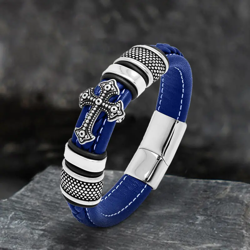 GTHIC High Quality Adjustable Multi-Size Budded Cross Centerpiece Stainless Steel-Braided Leather Bracelet, Masculine Statement Jewelry for Men Birthday Gift