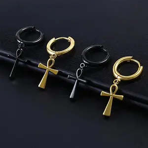 DIYAO Unisex Stainless Steel Dangle Hoop Earrings, Punk Ancient Egyptian Ankh Cross Cleopatra Costume Jewelry