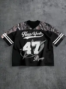 New York 47 Camo Yoke Oversized Crop Football Jersey - TikTokShopBlackFriday Deals FallFashion, Activewear Clothing, Sportswear Top, Trendy Streetwear Top, Retro Varsity Graphic & Camo Shoulder Detail, Stylish Casual Outfit, Daily Wear Essential