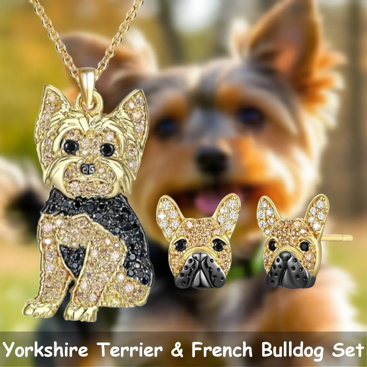Dog Lovers' 3-Piece Animals Costume Jewelry Set - Alloy Pendant Necklace, Stud Earrings - Memorial Keepsake Birthday Gifts for Paw Parents (Yorkie, Frenchie), Adorable Yorkie & Frenchie, Cute