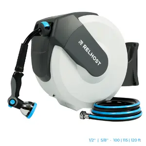 Retractable Garden Hose Reel with Auto-Locking System Smooth Auto Rewind 10 Spray Modes 180° Swivel Wall Mount Effortless Watering Quick Connect Nozzles