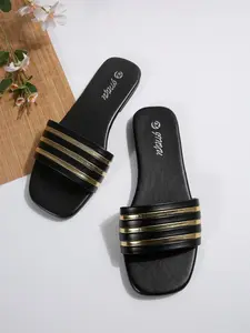 2026 Trendy Gold Flat Sandals, Metal Embossed Three Stripes Design, Slimming Outdoor Slippers, Summer Casual Beach Shoes