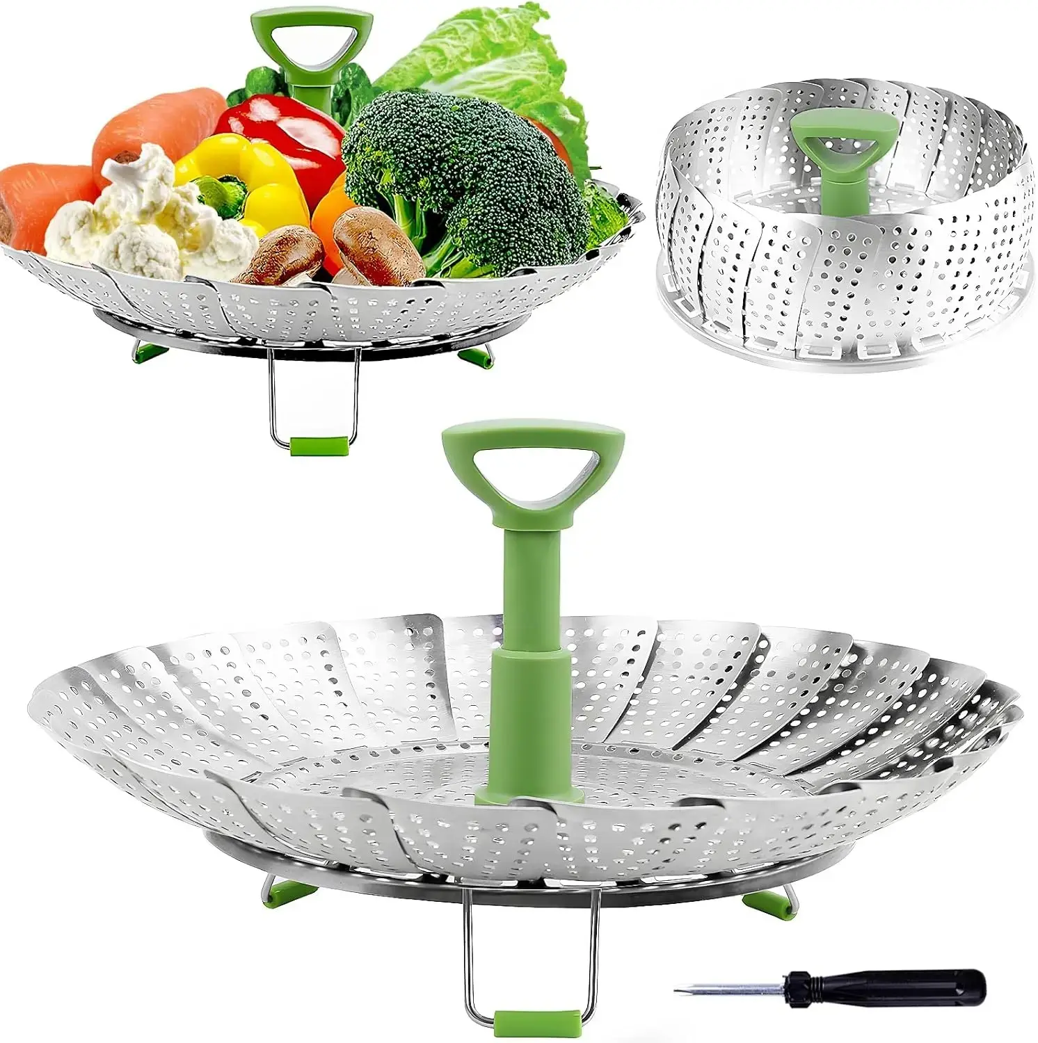 Vegetable Steamer Basket for Pot Folding Expandable 5.1 to 9 In ,Collapsible stainless steel steamer insert fits pots and pressure cooker inner pots for vegetables, eggs, and seafood